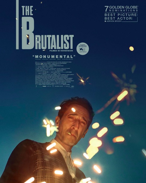 O Brutalista (2025)
Dirigido por Brady Corbet, estrelado por Adrien Brody, Felicity Jones e Guy Pearce.
Este drama épico acompanha um arquiteto húngaro e sua esposa que, após a Segunda Guerra Mundial, migram para os EUA em busca de recomeço, enfrentando desafios pessoais e profissionais. 