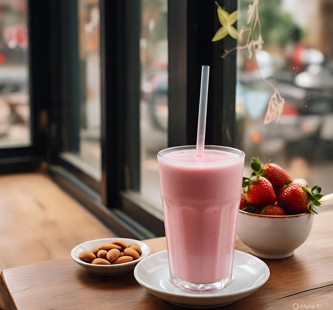 Leite com morango e amêndoas: Fonte de antioxidantes e gorduras boas, essa mistura é saborosa e rica em vitamina C. As amêndoas dão crocância e energia. Perfeita para tardes agitadas.
