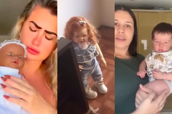 Em alguns vídeos que circulam pelas redes sociais, é possível ver mulheres passeando com os bonecos em lugares públicos, simulando brincadeiras, colocando de castigo e até amamentando!
