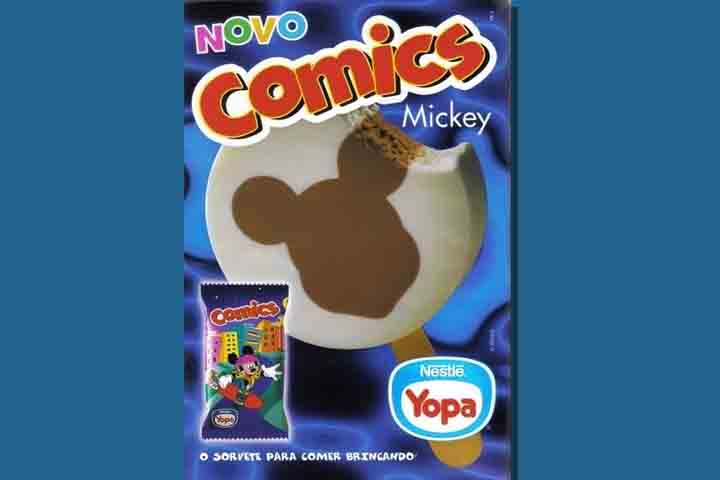 O icônico Comics tinha a silhueta do Mickey desenhada em um picolé redondo. Um atrativo para as crianças apaixonadas pelo universo da Disney, sobretudo nos anos 90 em que a programação infantil reinava na TV.