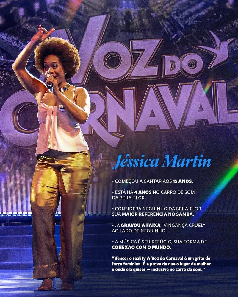 Jéssica Martin tem 36 anos e compõe o carro de som da Beija-Flor há quatro. Apesar de não ter origem em comunidades tradicionais do samba, seu talento vocal a consolidou como uma das vozes femininas mais marcantes da cena atual.