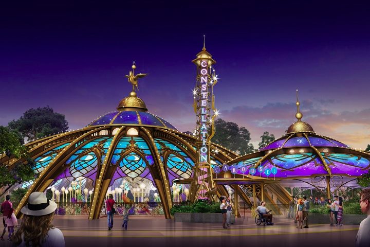 Na Constellation Carrousel, os visitantes fazem um passeio em meio a constelações pela Via Láctea, com direito à música e luzes especiais.
