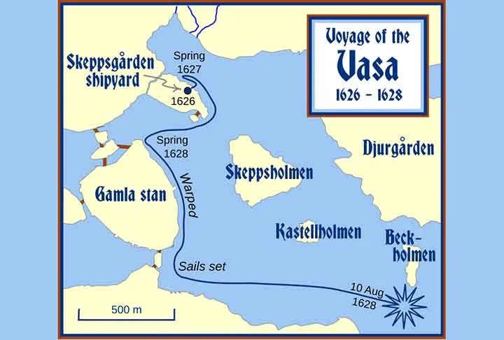 A embarcação afundou apenas 20 minutos após zarpar do cais do porto de Estocolmo. O navio havia percorrido menos de duas milhas náuticas (trajeto inferior a quatro quilômetros).

