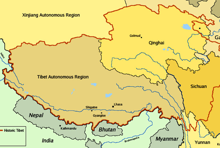 TIBETE - Região autônoma que pertence à China. É a mais alta do planeta (4.900m), apelidada de Teto do Mundo. Fica no coração da Ásia e faz fronteira com Índia, Paquistão e Nepal, além de Mianmar. 