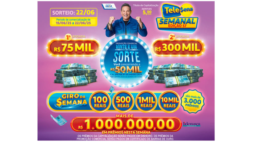 Tele Sena Semanal: resultado do sorteio de hoje, domingo, 22 de junho de 2025 (22/06/25), pelo SBT. Mais de R$ 1 milhão em prêmios