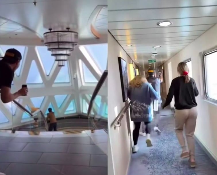 As imagens registradas mostram passageiros gritando enquanto o navio é balançado violentamente pelas enormes ondas, que podem ser vistas através das grandes janelas.