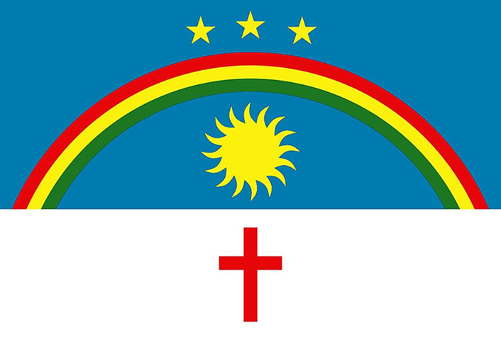 Pernambuco (PE) - Adoção: 23 de fevereiro de 1917. Representação: O arco-íris simboliza a união, o sol o progresso, e a cruz remete à luta dos pernambucanos.

