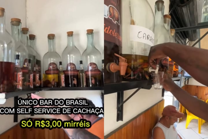Lá, além dos torresmos famosos, os frequentadores se servem sozinhos de cachaça, com doses a R$ 3 e uma variedade de 62 sabores, como coco, groselha e jaboticaba.