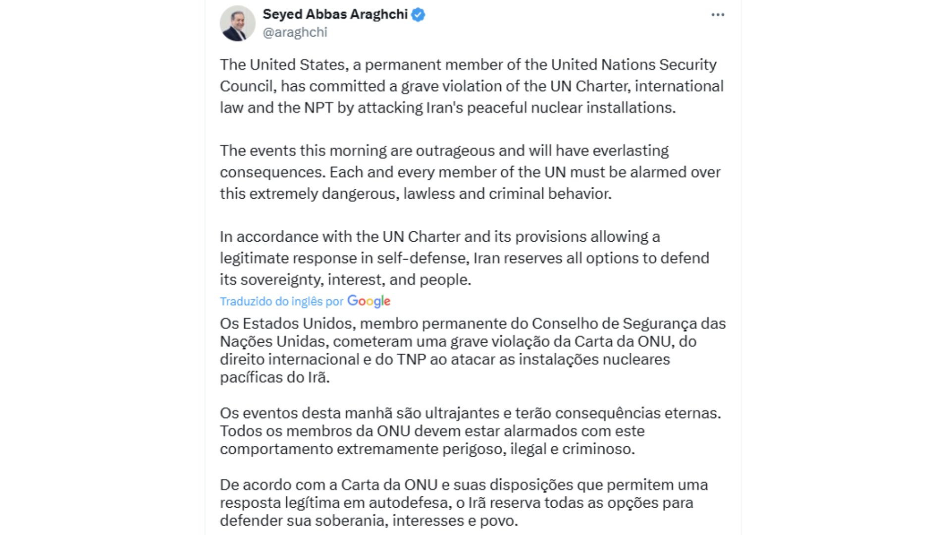 Pronunciamento do  ministro iraniano das Rela&ccedil;&otilde;es Exteriores, Abbas Araqchi, no X (antigo Twitter)