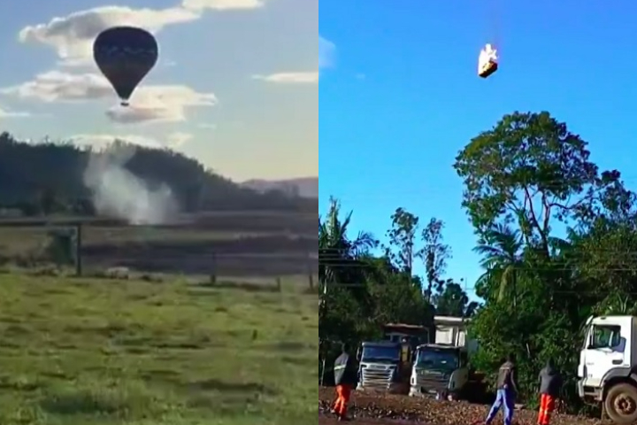 À medida que o balão se aproximou do solo em uma tentativa de pouso forçado, algumas pessoas conseguiram saltar, mas ele acabou subindo novamente conforme o peso foi diminuindo.