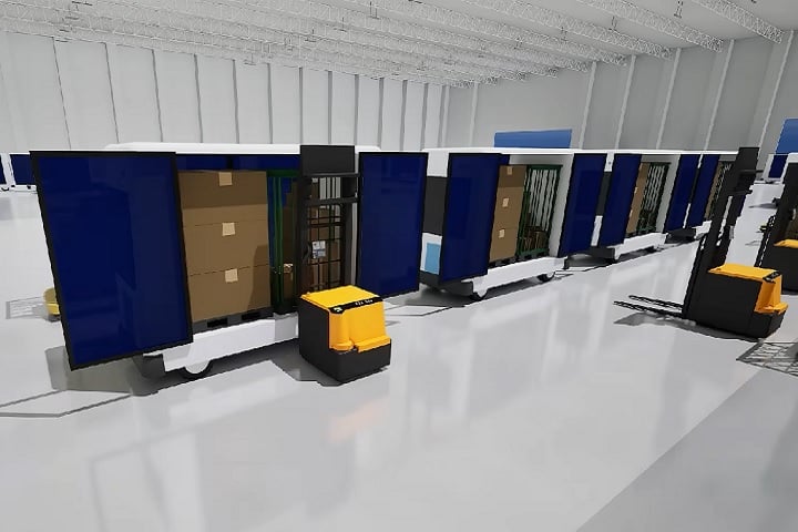 Depósitos automatizados ao longo da rota realizarão carregamento e descarregamento de mercadorias de forma autônoma, utilizando empilhadeiras automáticas e drones.