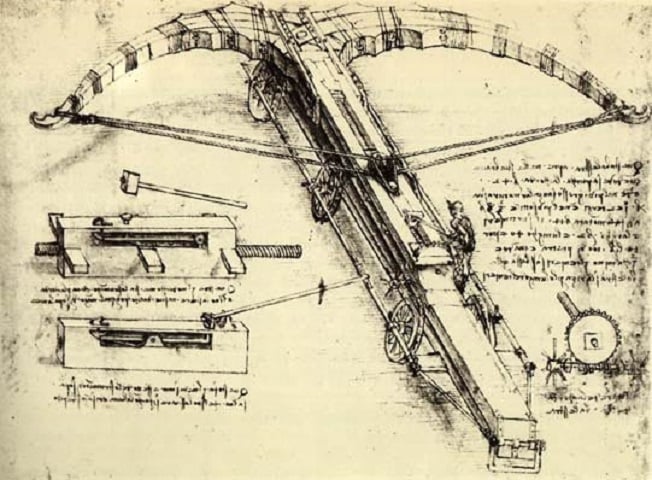 Da Vinci também foi um inventor visionário, criando projetos para máquinas de guerra, como tanques blindados e catapultas, além de dispositivos civis, como pontes móveis e sistemas de irrigação.