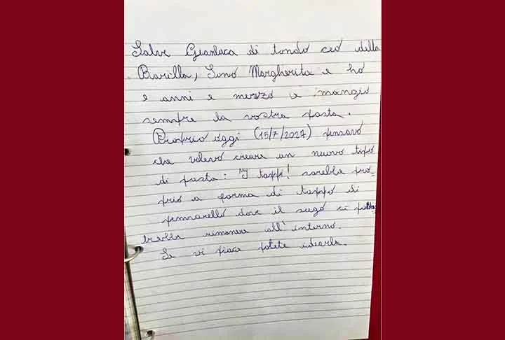 “Olá, senhor Gianluca Di Tondo, CEO da Barilla. Sou Margherita, tenho nove anos e meio e como sempre a sua massa. Hoje (15 de julho de 2024) pensei em criar um novo tipo: as ‘tampas’ — sugeri até o nome, com o formato que se parece com a tampa de uma caneta! Se você gostar, pode criá-lo”, explicou