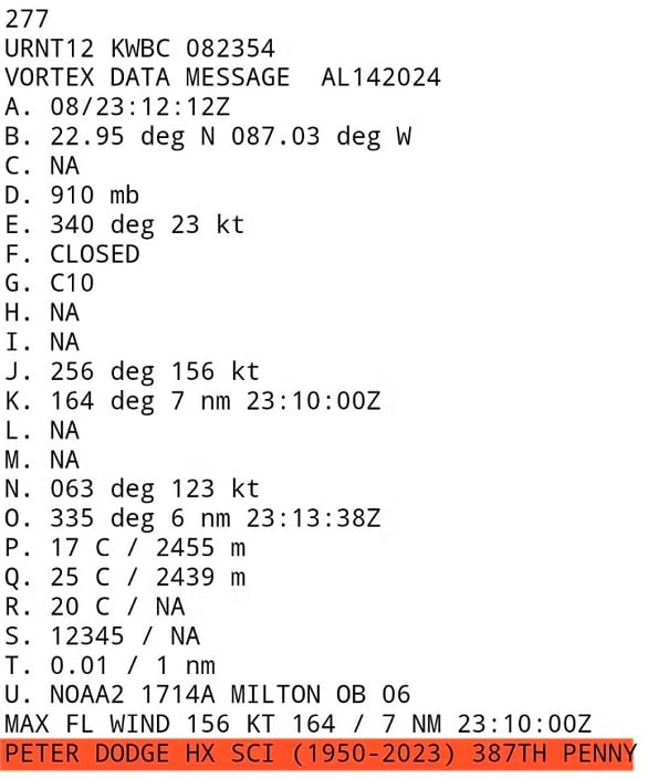 A homenagem foi considerada tão importante e significativa que entrou no registro do voo.A família de Dodge havia guardado suas cinzas e resolveu doá-las depois que eles viram que o furacão havia se intensificado de uma categoria 2 para 5.