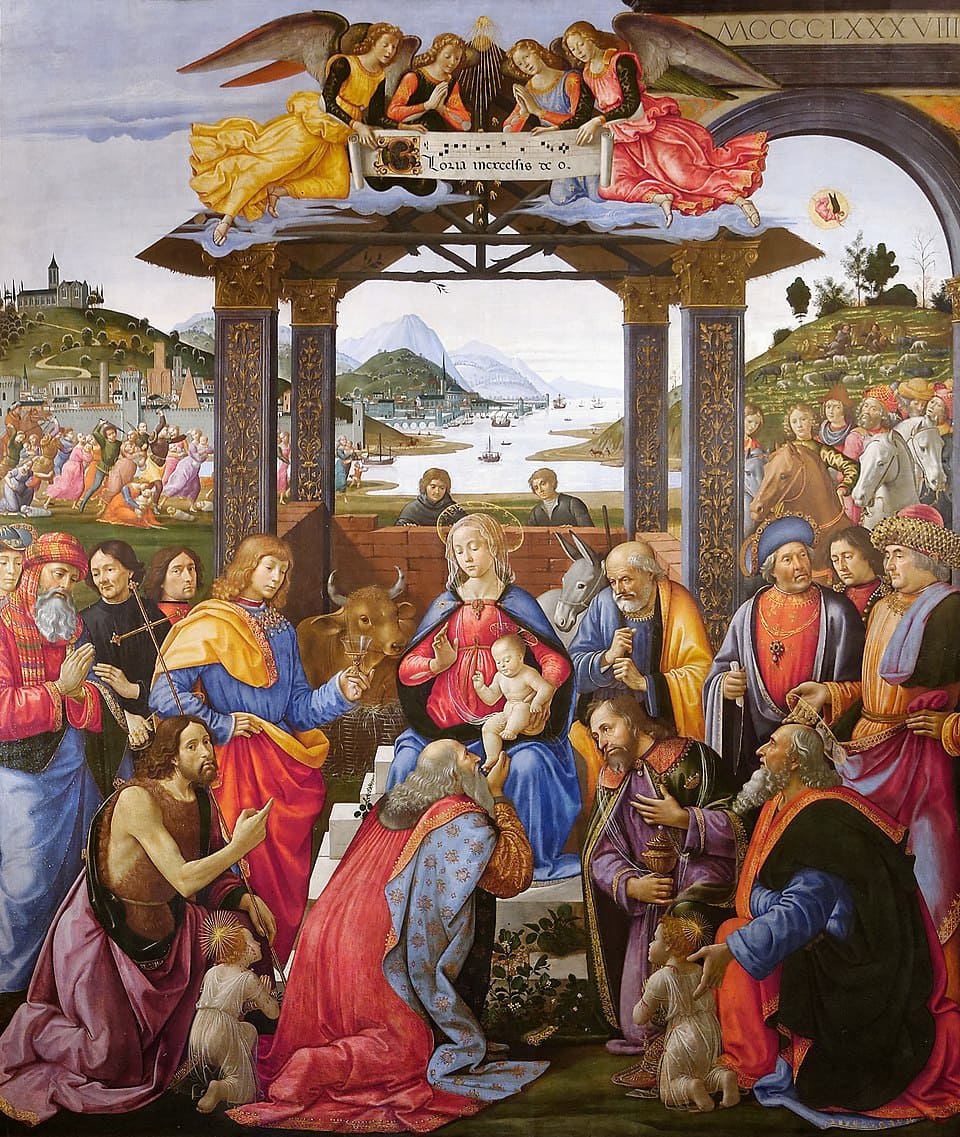 A Adoração dos Magos, de Domenico Ghirlandaio, foi criada entre 1485 e 1488 no estilo renascentista e mostra os Reis Magos homenageando o Menino Jesus. O cenário tem rica arquitetura e personagens vestidos com trajes da Florença da época.