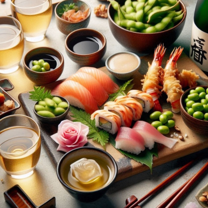 No Japão, os izakaya servem pequenos pratos como edamame, sashimi e tempura, acompanhados de bebidas como saquê.