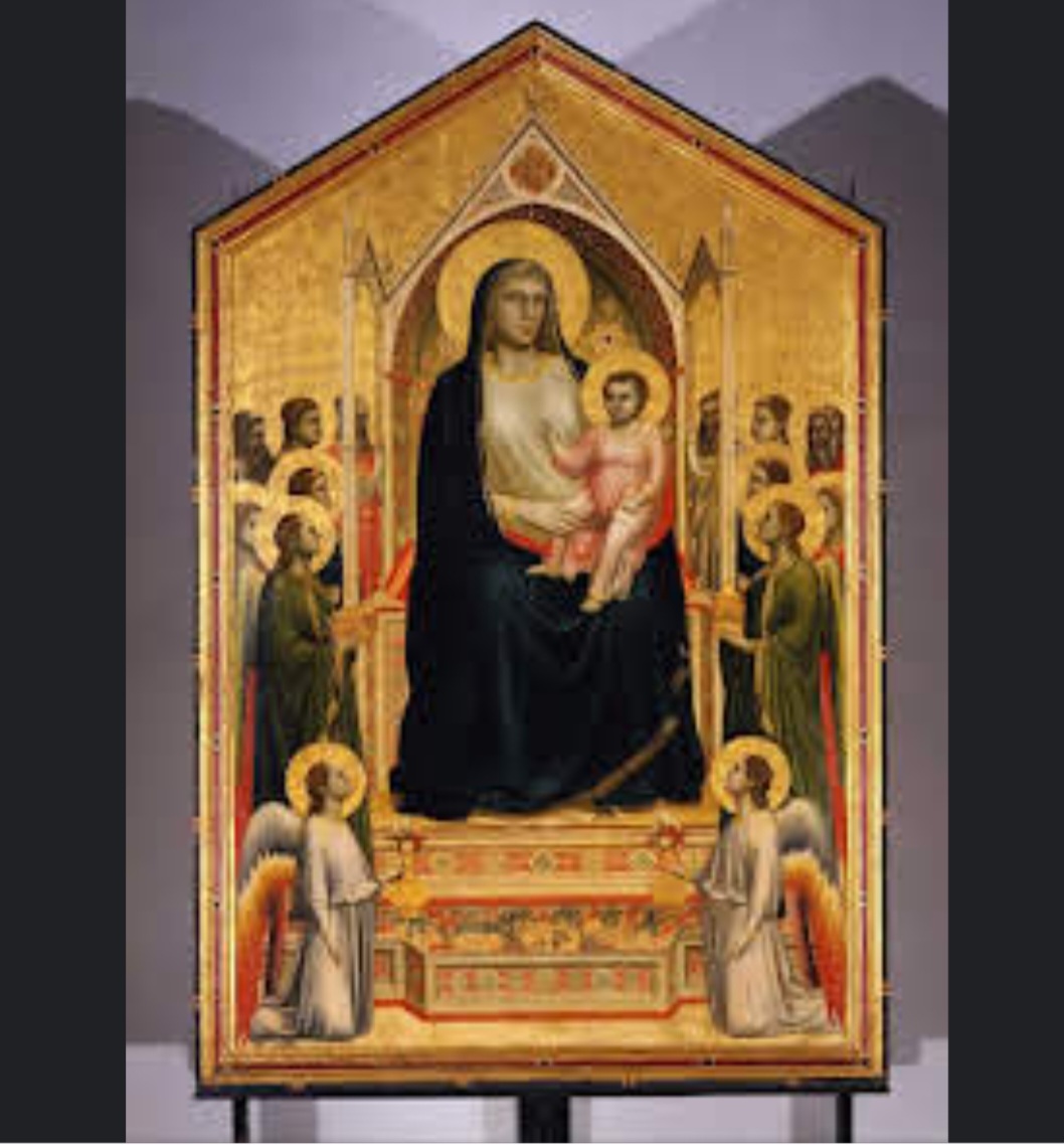 “Maestà di Ognissanti” de Giotto di Bondone, de cerca de 1310, no estilo gótico, representa a Virgem entronizada cercada de anjos e santos. A obra se destaca pela solidez das formas e nova concepção do espaço.