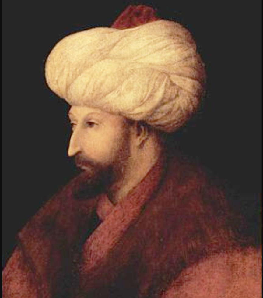 “Retrato do Sultão Mehmed II” de Gentile Bellini, de 1480 no estilo veneziano, apresenta o líder otomano com nobreza e dignidade. É um marco do encontro cultural entre o Ocidente e o mundo islâmico.