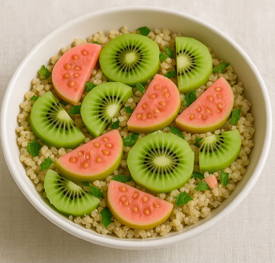 Salada de goiaba com kiwi e quinoa
Fatie a goiaba e o kiwi e misture com quinoa cozida e fria. Acrescente hortelã picada e um toque de mel ou vinagre balsâmico para equilibrar o sabor.