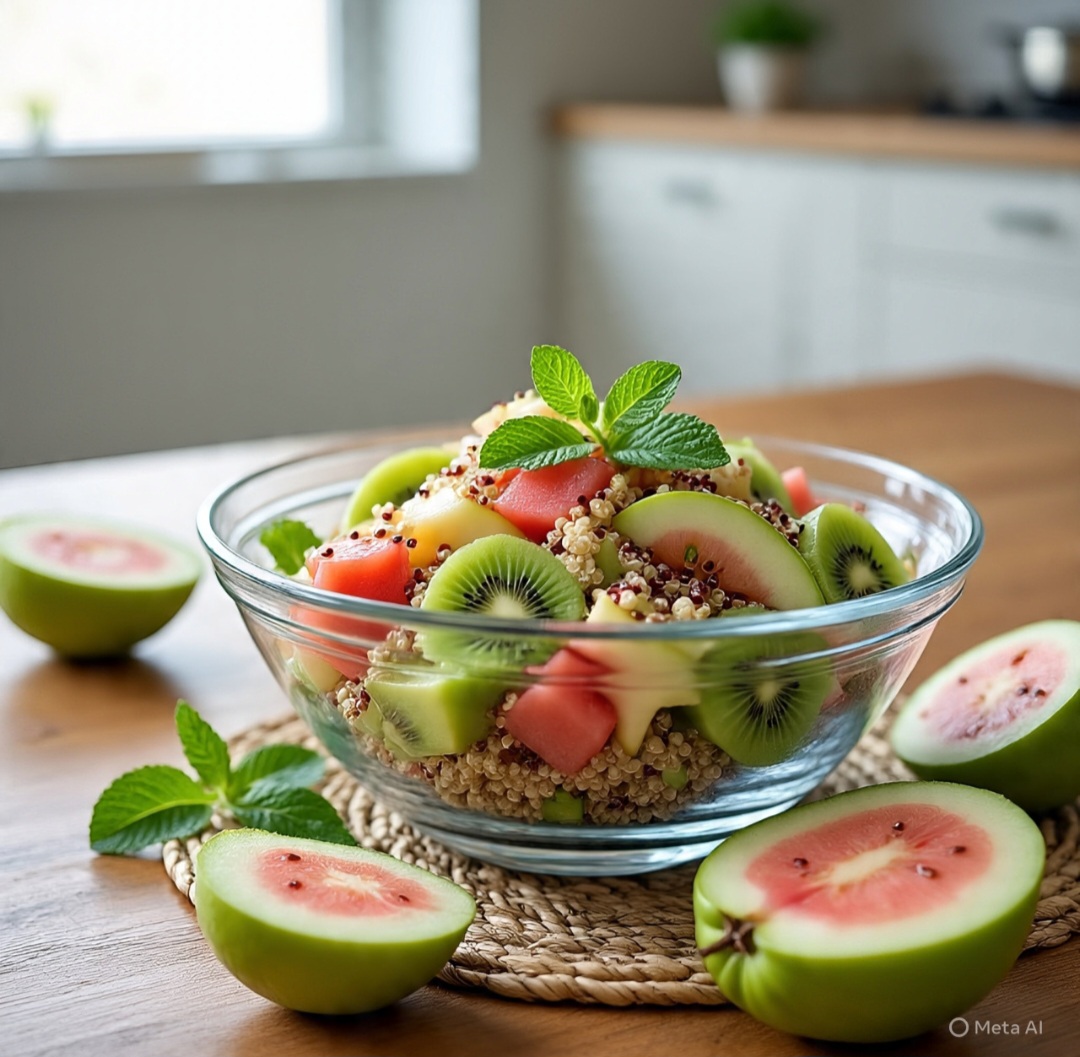 Aqui vão duas sugestões de saladas leves e nutritivas que combinam algumas dessas frutas com proteínas vegetais e outros ingredientes saudáveis: