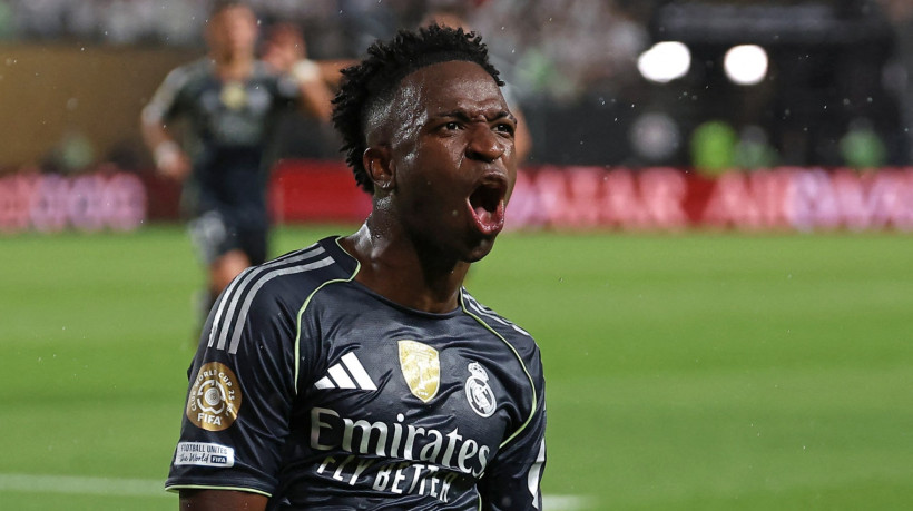 Real Madrid's Brazilian forward #07 Vinicius Junior celebrates scoring his team's first goal during the FIFA Club World Cup 2025 Group H football match between Austria's FC Salzburg and Spain's Real Madrid at Lincoln Financial Field Stadium in Philadelphia on June 26, 2025.
