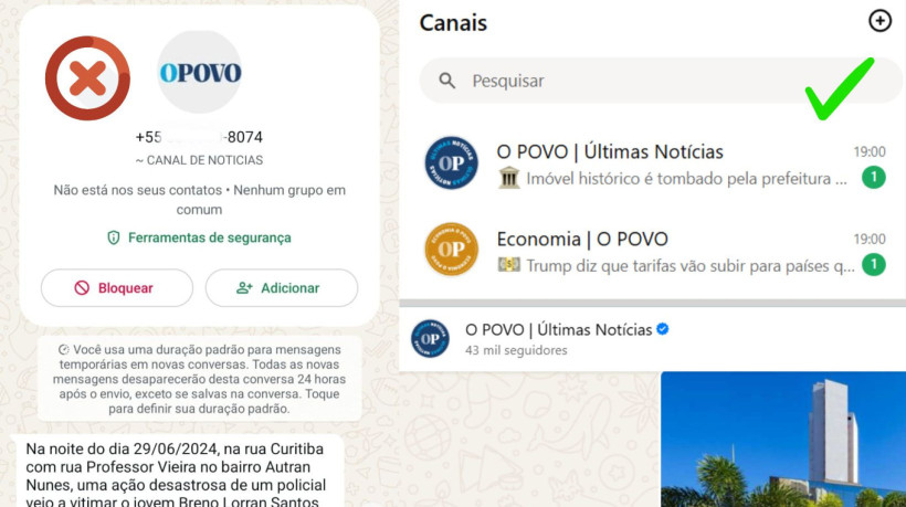Número falso (esq.) distribui informações não-autorizadas; O POVO utiliza apenas canais oficiais verificados no WhatsApp (dir.)