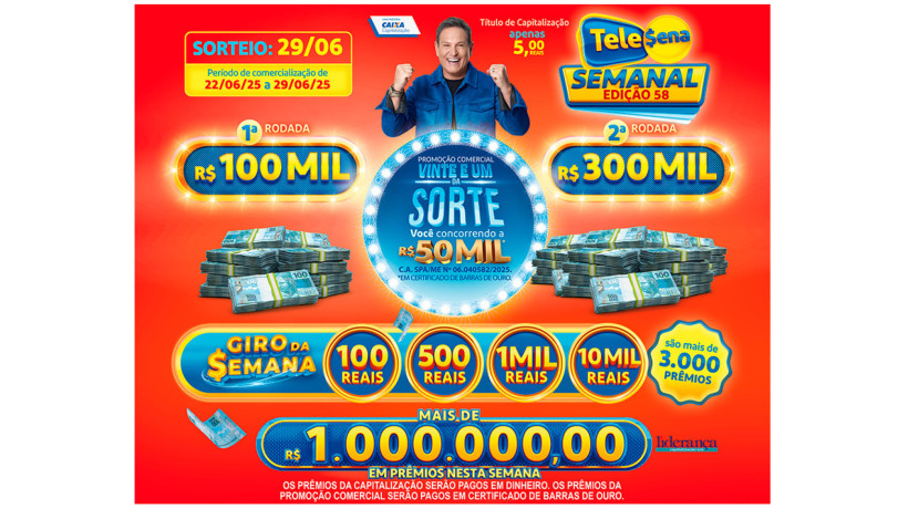 Tele Sena Semanal: resultado do sorteio de hoje, domingo, 29 de junho de 2025 (29/06/25), pelo SBT. Mais de R$ 1 milhão em prêmios