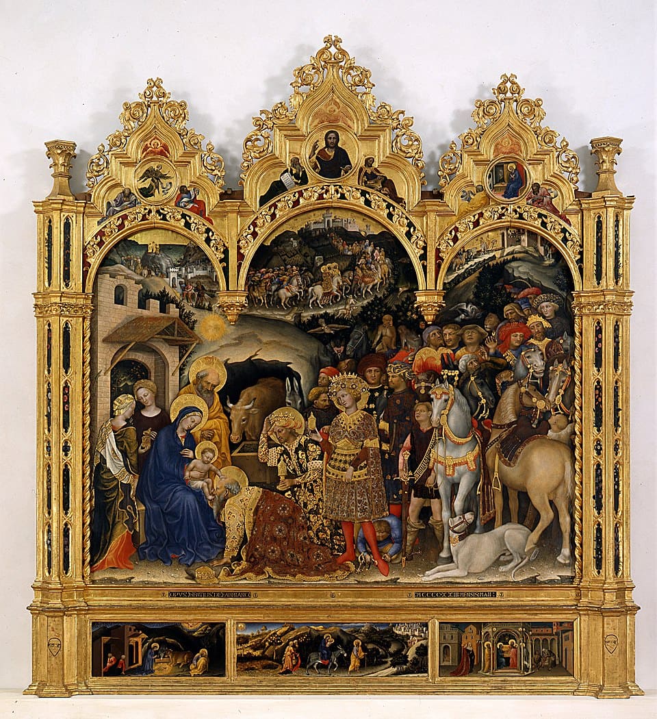 “A Adoração dos Magos” de Gentile da Fabriano, criada em 1423 no estilo gótico internacional, representa os reis magos ofertando presentes ao Menino Jesus. Destaca-se pela riqueza dos detalhes e uso de ouro.