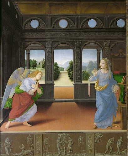 A Anunciação, de Lorenzo di Credi, criada em 1480, é uma arte do Renascimento italiano que retrata o momento em que o anjo Gabriel anuncia à Virgem Maria sua missão divina. A obra destaca-se pelo uso da perspectiva e pela serenidade das figuras em  cenário arquitetônico detalhado.