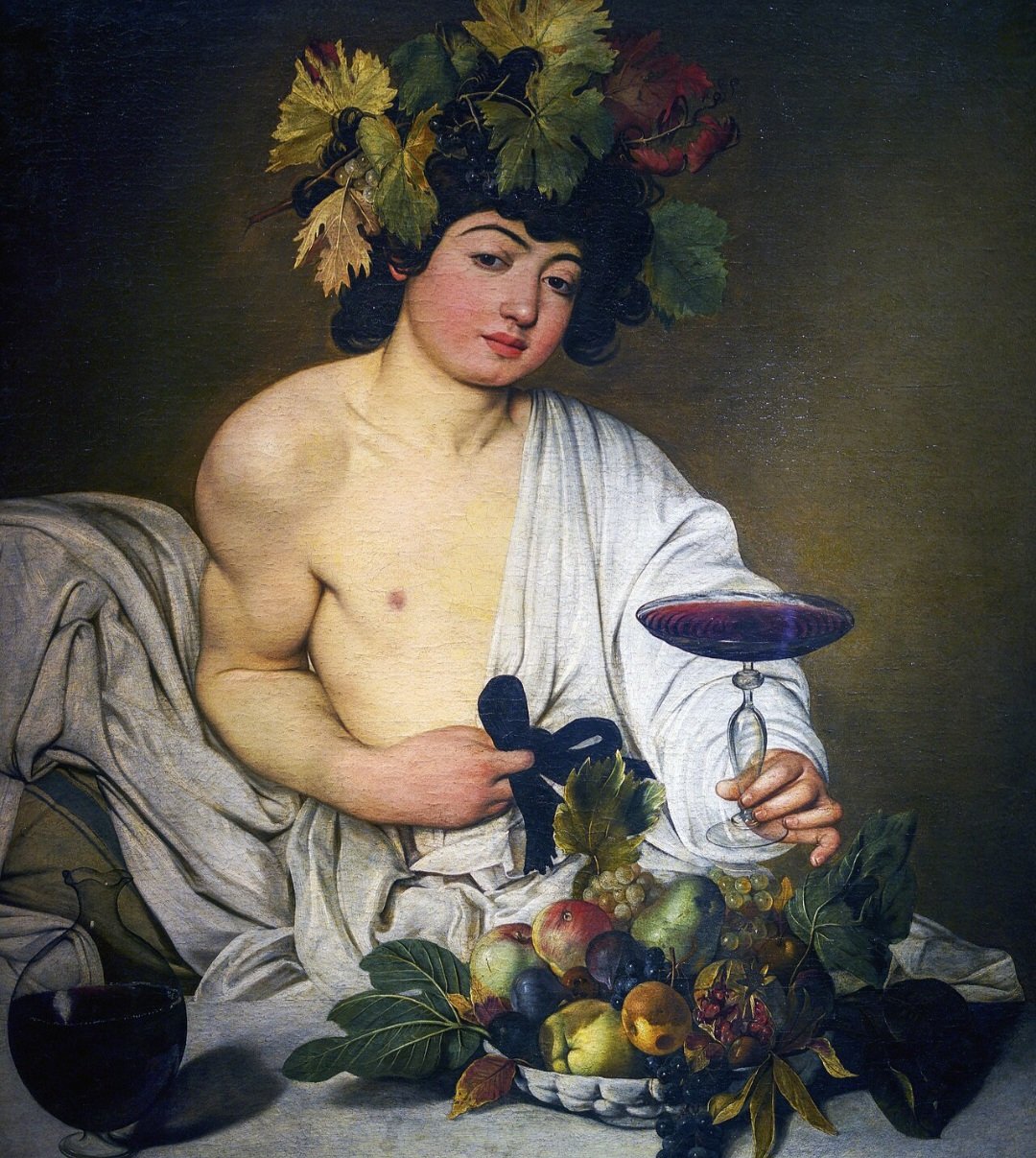 “Baco” de Caravaggio, criado em 1597 no estilo barroco, representa o deus do vinho em cena naturalista. A obra se destaca pela intensidade da luz e representação do corpo jovem.
