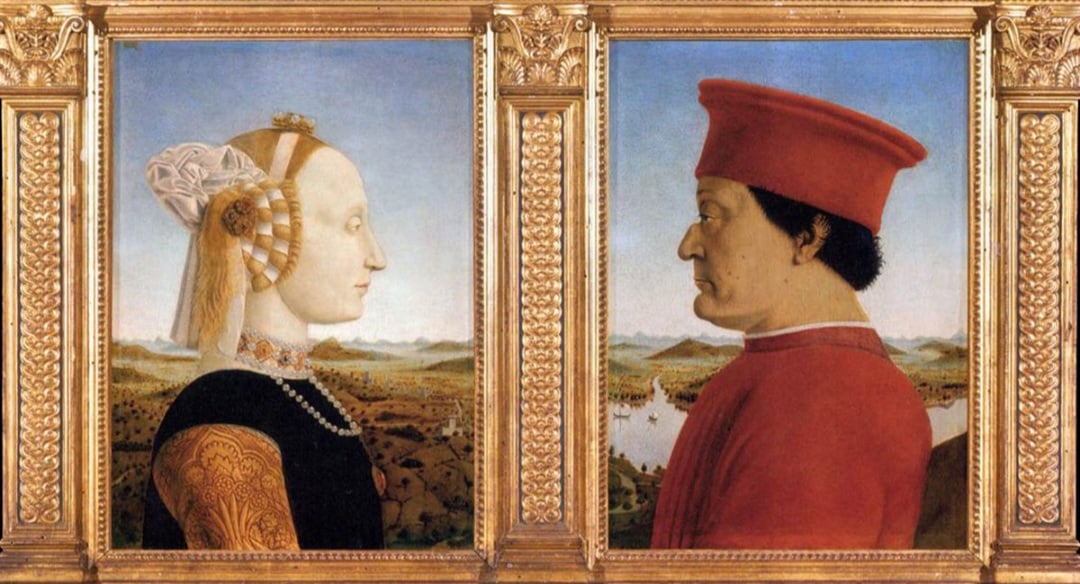 Retrato do Duque de Urbino e da Duquesa” de Piero della Francesca, feito por volta de 1472 no estilo renascentista, representa o casal em perfil. É célebre pelo equilíbrio geométrico e refinamento.