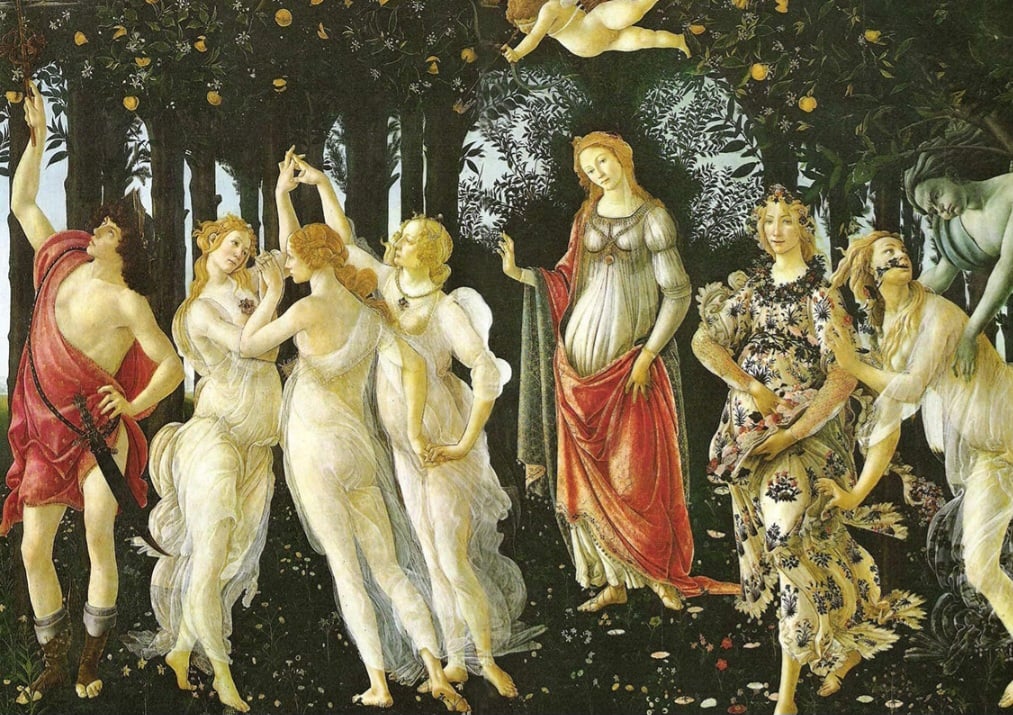 A “Primavera” de Sandro Botticelli, criada por volta de 1482, no estilo renascentista, representa uma alegoria da fertilidade e do amor com figuras mitológicas. A obra encanta pelo equilíbrio e simbolismo das formas.