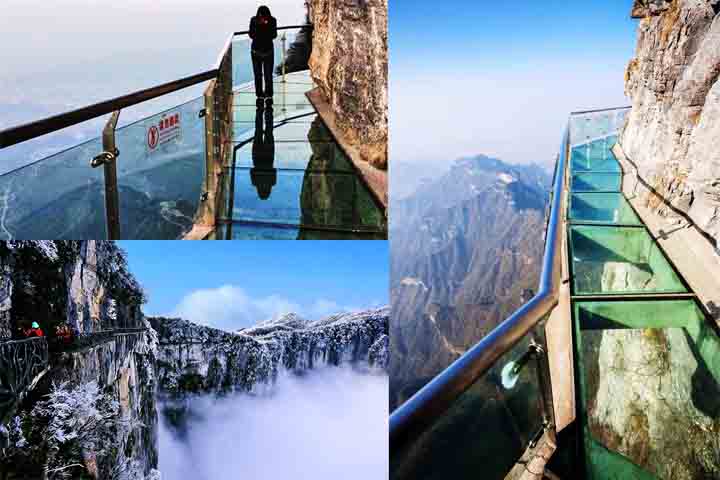 O local também oferece trilhas à beira dos penhascos, algumas com piso de vidro, proporcionando uma experiência emocionante e vistas espetaculares da paisagem e da estrada.