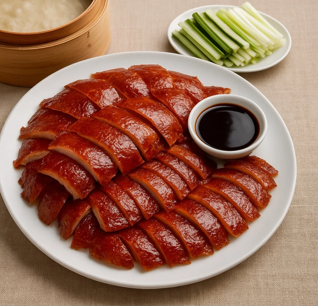 O pato laqueado verdadeiro é um prato sofisticado e tradicional da alta gastronomia chinesa. Exige preparo cuidadoso com a pele ficando crocante e a carne macia, sendo servido com panquequinhas, cebolinha e molho hoisin. 