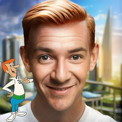 Assim seria George, o patriarca da família dos Jetsons. O artista recria o rosto, a cor do cabelo da forma como as pessoas usam e uma expressão facial, como o sorriso.  