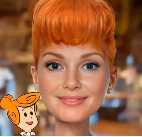 Esta é a mulher de Fred, Wilma Flintstone. Rosto alongado, cor de cabelo alaranjada , penteado com topete