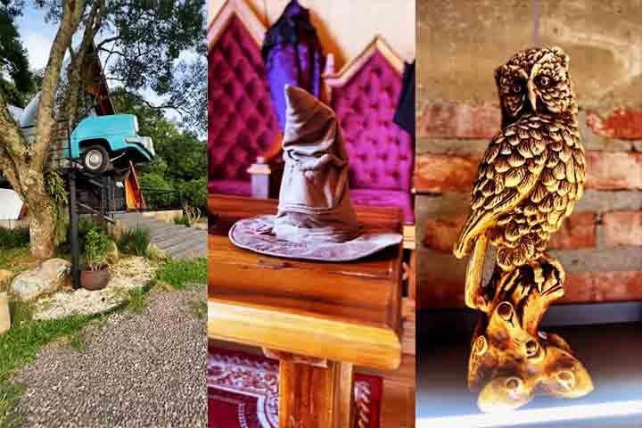 A decoração temática tem objetos personalizados, em referência a personagens como Dumbledore e Snape, além de uniformes das casas de Hogwarts.