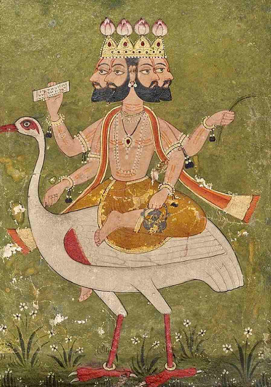 Brahma, que é frequentemente retratado com quatro faces representando a criação de todos os seres e o conhecimento, é responsável pela criação do universo e dos deuses.
