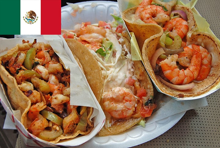 15º lugar - Tacos gobernador (México) - Tortillas recheadas com camarões, queijo ralado, coentro, cebola e tomate. As tortilhas são então dobradas ao meio, pinceladas com manteiga e cozidas.