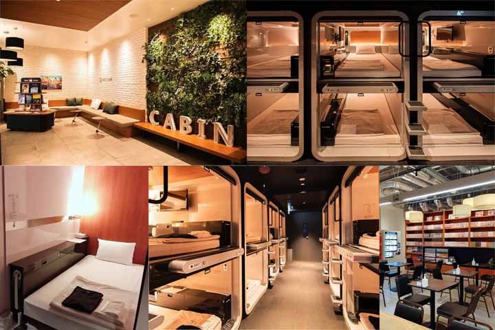 Uma cápsula padrão oferece espaço mínimo, com colchão, prateleira e, em alguns casos, TV, além de áreas coletivas como banheiros e chuveiros.
