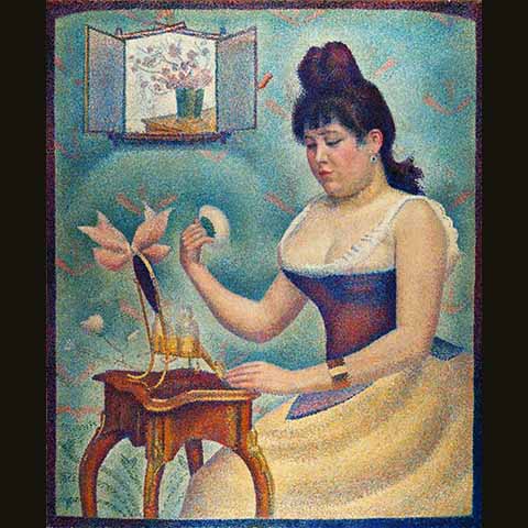 “Jovem maquiando-se”, de Georges Seurat (1890): A obra retrata a amante do artista, Madeleine Knobloch, aplicando pó no rosto, enquanto a técnica pontilhista de Seurat parece preencher o ar com a mesma poeira.