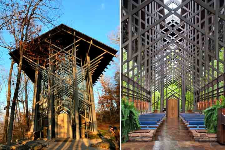Capela de Thorncrown (EUA) – 1980 - No Arkansas, sua estrutura de vidro e madeira se integra à floresta. Grandes janelas permitem a entrada de luz natural. Um exemplo marcante da arquitetura orgânica moderna.