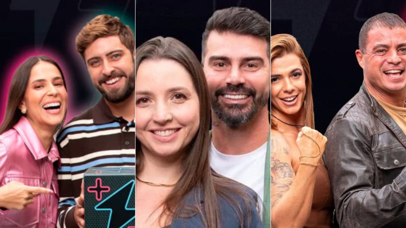 Em ordem de aparição: Nat e Eike; Carol e Radamés; Adriana e Dhomini. Os três casais estão na berlinda da 10ª eliminação do Power Couple Brasil. 