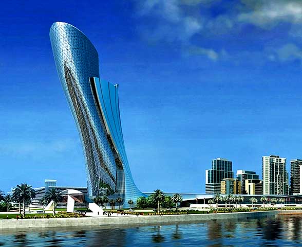 Um dos marcos mais curiosos da cidade é a Capital Gate, uma torre inclinada que desafia as leis da física e supera até mesmo a famosa Torre de Pisa, na Itália, em inclinação.