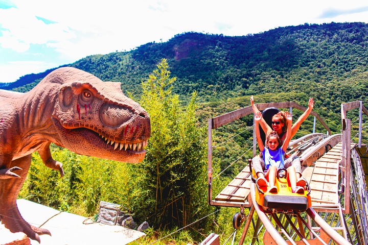 Além das exposições de dinossauros, a Terra dos Dinos conta com atrações que complementam a aventura, como o Mega Trenó, considerado o maior trenó de montanha da América Latina.