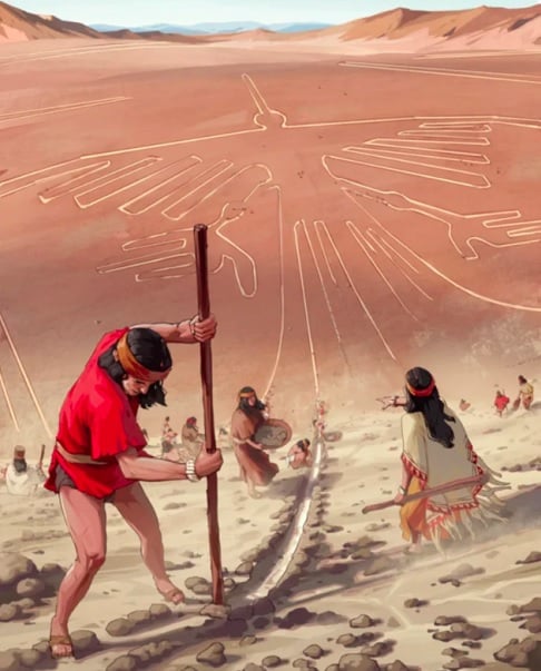 A técnica utilizada para criá-las consistia em remover a camada superficial de pedras escuras, revelando o solo mais claro por baixo. 