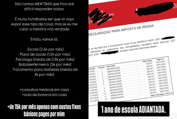 Em uma sequência de stories, o cantor exibiu recibos e detalhou os gastos mensais que tem com o menino. Não estou aqui para atacar ninguém, mas não posso permitir que falem tantas mentiras a meu respeito, escreveu.