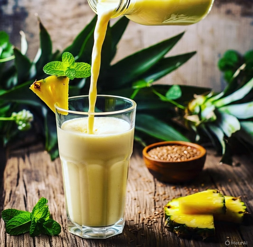 Leite com abacaxi, hortelã e linhaça dourada: Refrescante e digestiva, ajuda a combater a retenção de líquidos. A hortelã traz frescor e sabor. Ideal para dias quentes ou após refeições pesadas.
