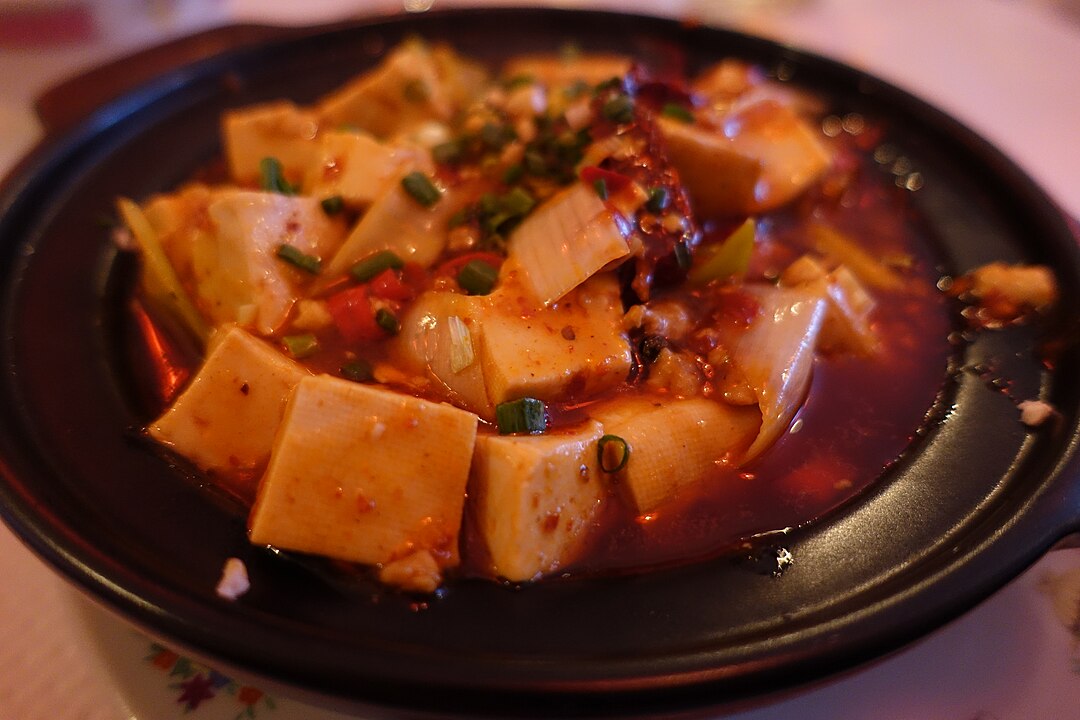 China (Região de Sichuan) - Mapo Tofu: Tofu cozido em um molho picante e entorpecente, feito com pimentas de Sichuan e pasta de feijão apimentada.