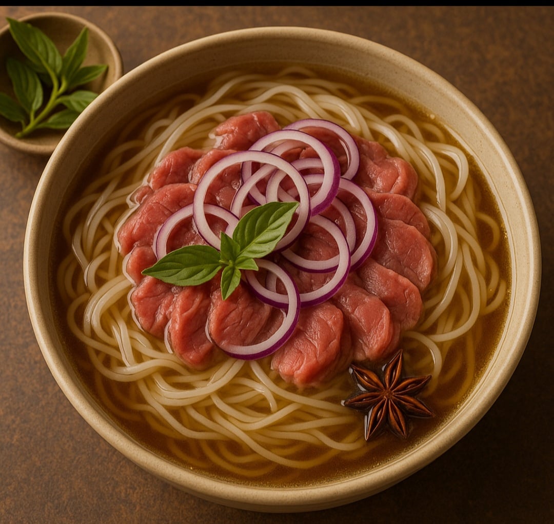 É servido com macarrão de arroz e fatias finas de carne bovina crua, cebola roxa eespeciarias como anis-estrelado, canela, cravo e gengibre.
